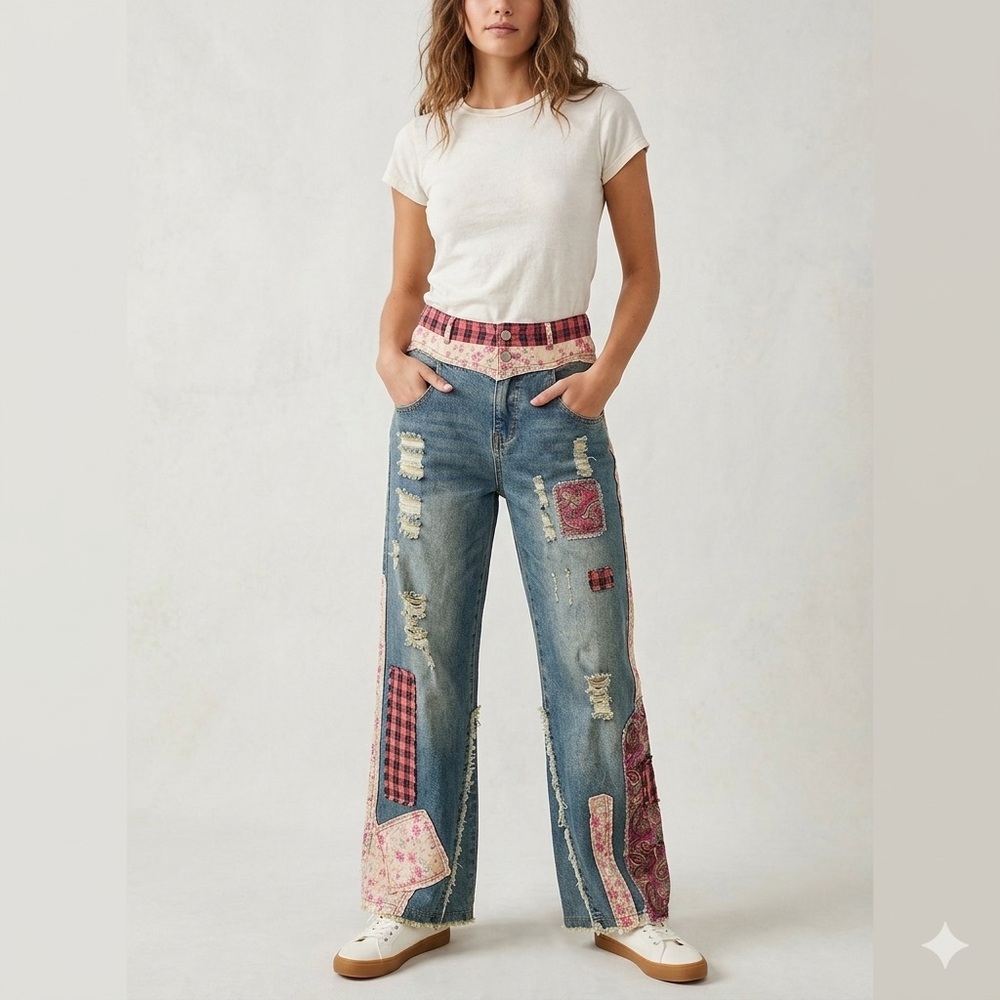 NWT Boho Patchwork Wide Leg Jeans | Floral Plaid Mixed Media Denim